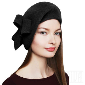 Velour Fur Felt Beret with Bow Ladies Winter Hat - DivaHats Boutique