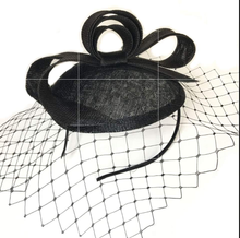 Load image into Gallery viewer, Sinamay black  fascinator headband with bow&amp;veil Derby Tea party hat - DivaHats Boutique