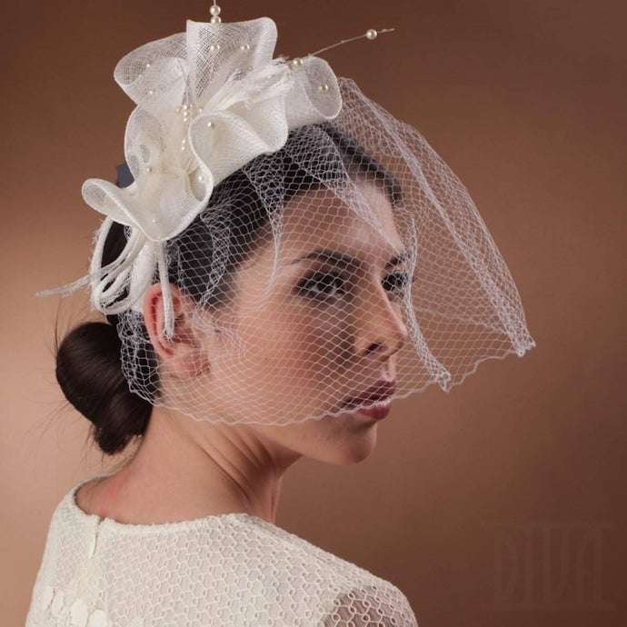 Wedding Fascinator with a Veil Flower's Shape - DivaHats Boutique