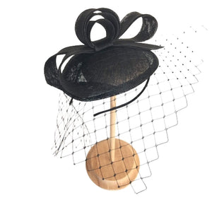 Sinamay black  fascinator headband with bow&veil Derby Tea party hat - DivaHats Boutique