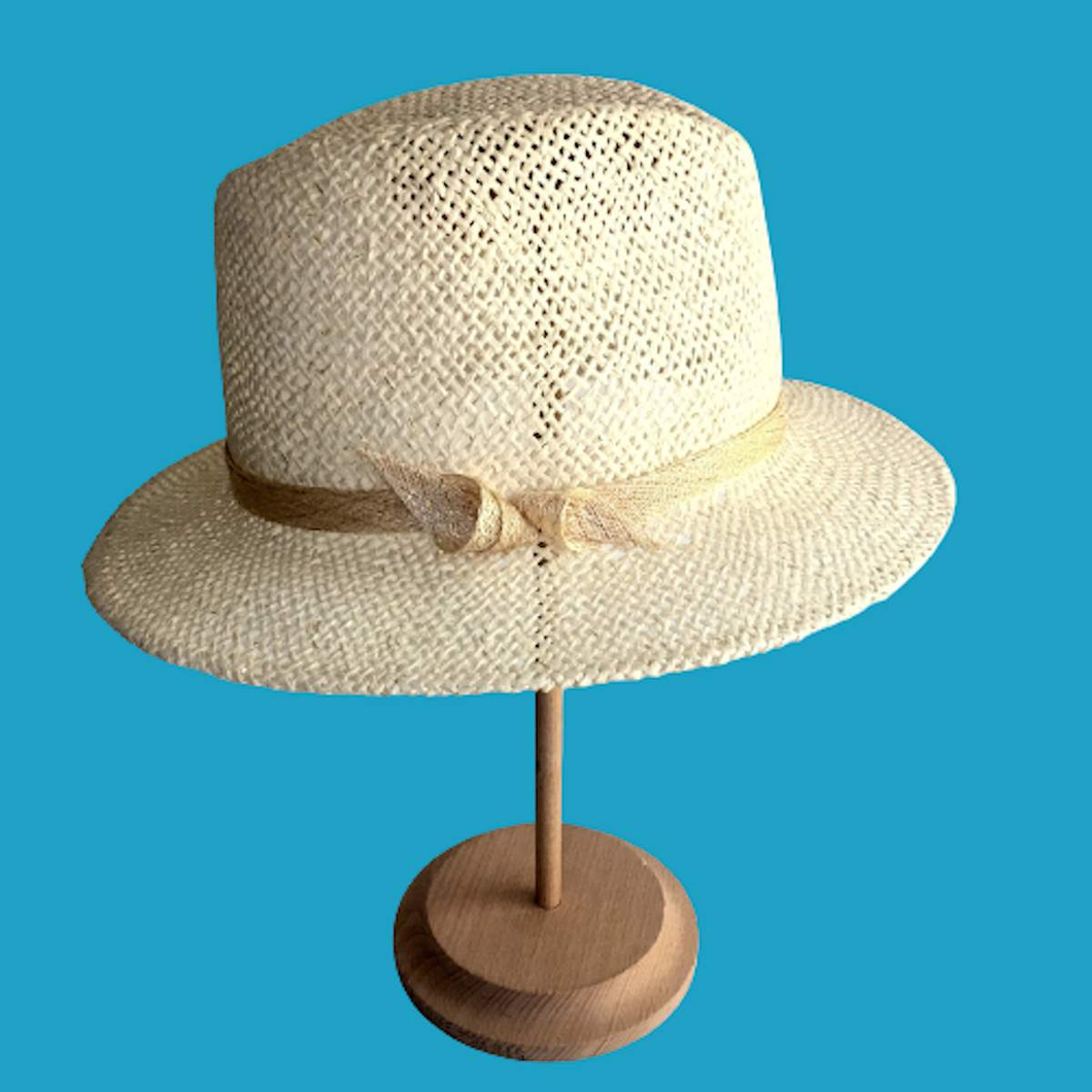 White&Gold Straw Fedora with Bow Stylish Summer Hat - DivaHats Boutique