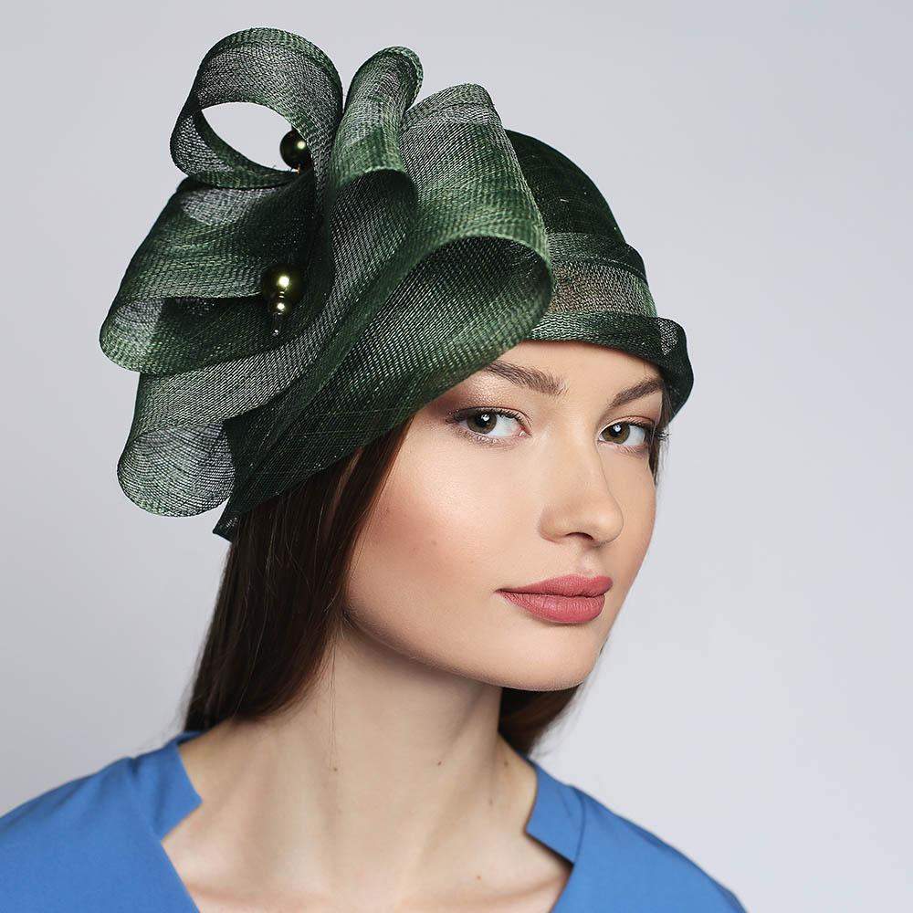 Green Sinamay Cloche Hat with Bow & Pin