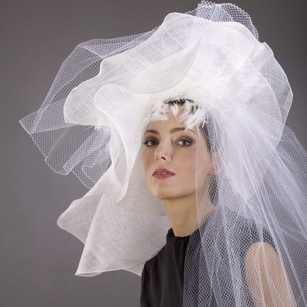 Wedding hat trimmed  feathers and veil - DivaHats Boutique