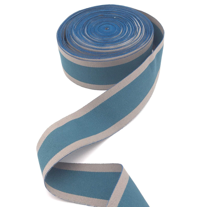 1,58 inch (40mm) Grey Sand Stripes and Turquoise Blue Millinery Grosgrain Ribbon - 1yard - DivaHats Boutique