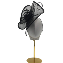 Load image into Gallery viewer, Elegant Black Fascinator with Lurex Trim &amp; Feather-DivaHats-Fascinator,Straw hats